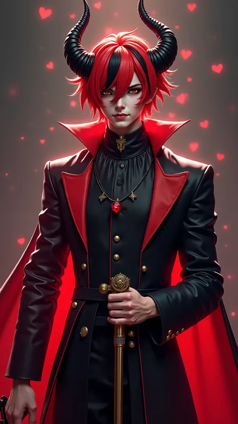  Alastor,  short hair,  red,  with black wicks , servant's horn, holding a cane in his hand, terno  red e preto, With the best quality best effects best shadows best lighting 8k animation trace 