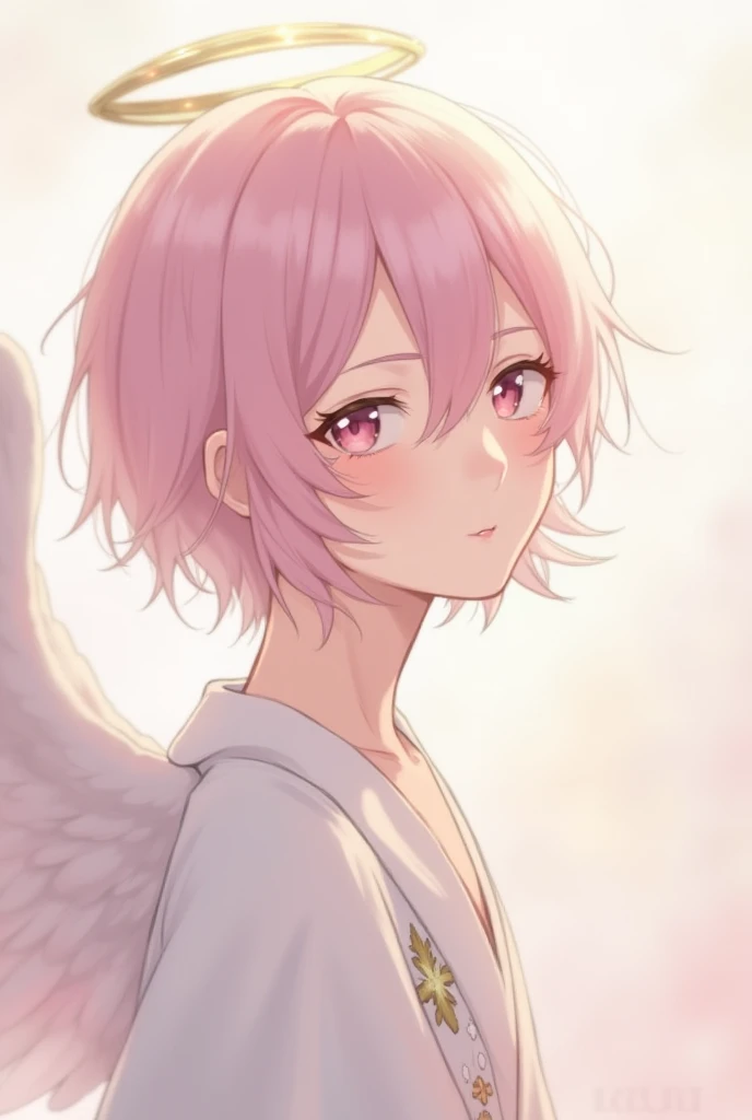 anime Male Angel with short pink hair, dressed in a cute outfit, soft,