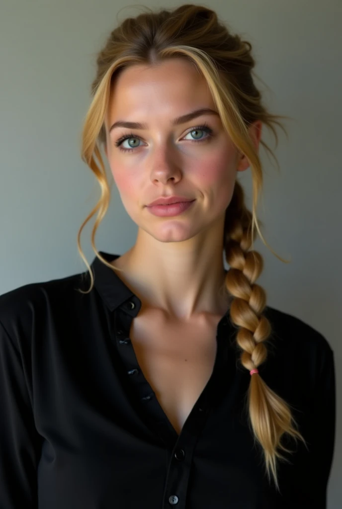 Take me a picture of a woman who is 1 , 70 cm tall with long blond hair that is tied in a raised braid and she is wearing a black tange and a black blouse with a large neckline she is about 22 years old and does not wear a clip 