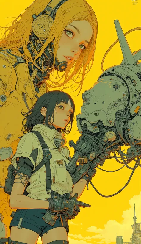 Close up of a person holding a giant robot on a yellow background, Organic to the anime robot , female Mecha, anime Mecha aesthetic, girl in Mecha cyber armor, cyberpunk  Anime Girl  mech, cool Mecha style, Mecha asthetic, Mechanized art concept, # Mecha, ...