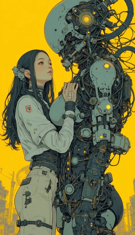 Close up of a person holding a giant robot on a yellow background,  concept art by senior character artist,  PIXIV CONTEST WINNERS,  Process Art , Organic to the anime robot , female Mecha, anime Mecha aesthetic, girl in Mecha cyber armor, サイバーパンクアニメの女の子Me...