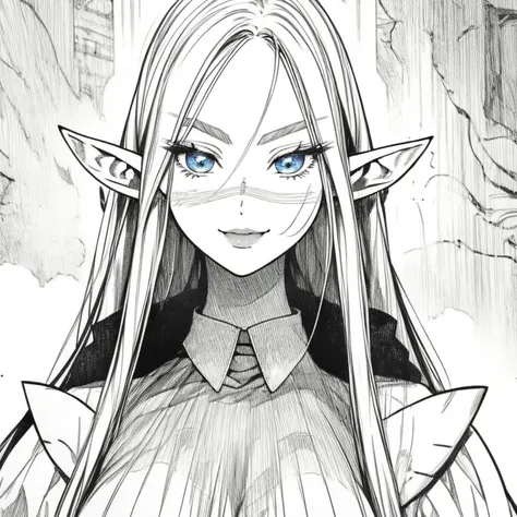 a beautiful elf with long silky pink hair, captivating blue eyes,  Thin Lips,  round face,   pointy ears ,  big boobs, smiling innocently, elf princess,