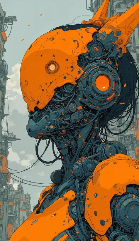 Close up of a robot with a big orange and black body, Organic to the anime robot , anime Mecha aesthetic, female Mecha, cool Mecha style, girl in Mecha cyber armor, アニメ Mecha アーマー, サイバーパンクアニメの女の子Mecha, an anime large Mecha robot, Mecha art, Mecha suit, # M...