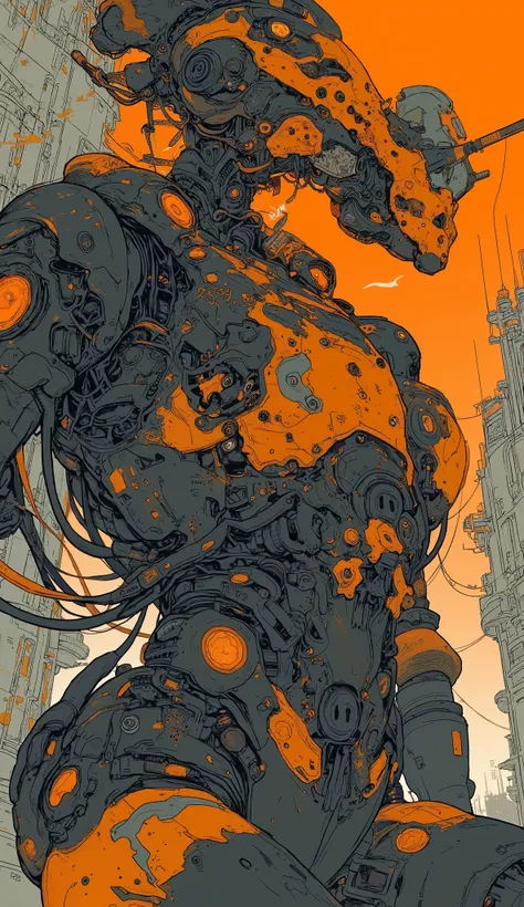 Close up of a robot with a big orange and black body,  concept art ： Krenz Kshart ,  PIXIV CONTEST WINNERS,  what is it ？, Organic to the anime robot , Anime Mecha Aesthetics , Female Mecha,  Cool Mecha Style , Mecha Cyber Armored Girl , Anime Mecha Armor,...