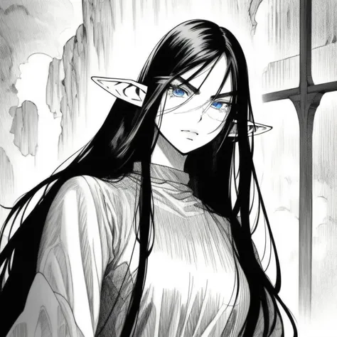 a beautiful elf with long silky black hair, captivating blue eyes,  Thin Lips,  round face,   pointy ears ,  small breasts, Furious, elf warrior,