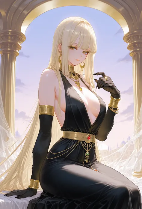 mixed_artwork style, very long hair, pale blonde hair, straight hair, dark yellow eyes, chaotically styled hair, perfect eyes, golden bracelets, black and gold dress, (plunge cleavage, side boob), golden necklace, (sitting, horizontal split), Expressionles...