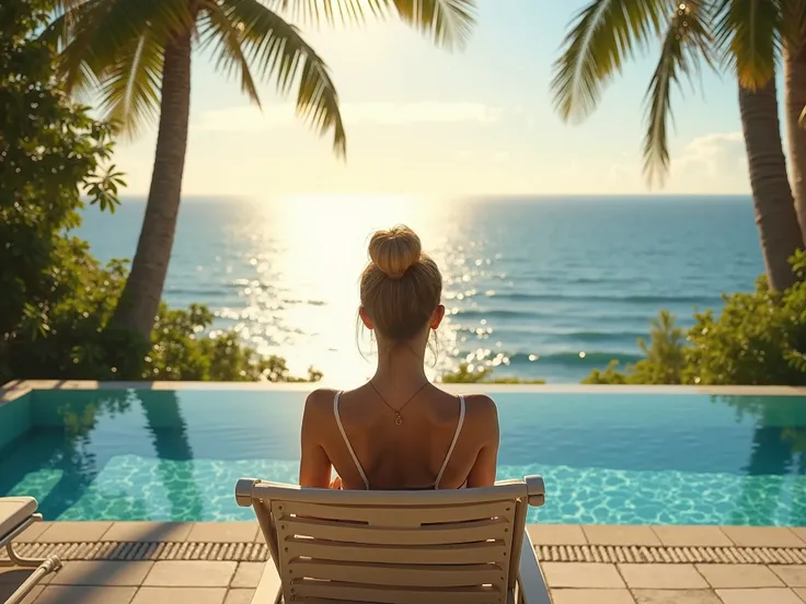 Back view of a woman relaxing by the villa's pool under the shining sun, with an ocean view in front of her.