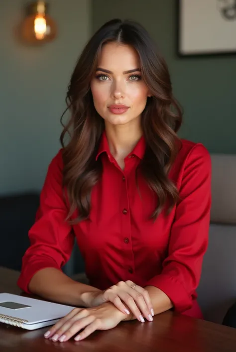 CREATE A REALISTIC FULL BODY PHOTO OF A 28 YEAR OLD WHITE WOMAN, BEAUTIFUL AND ELEGANT WHO WORKS WITH DIGITAL MARKETING .  her hair is long,  brown ,  long face.  SHE WEARS DELICATE GOLD ACCESSORIES  , she has  , SHE'S SITTING IN A MODERN AND ELEGANT OFFIC...