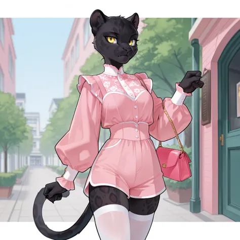 Black panther, spotted black panther, woman, feminine, white and pink clothes outfit, shorts, white stockings, college, purse, yellow eyes, solo