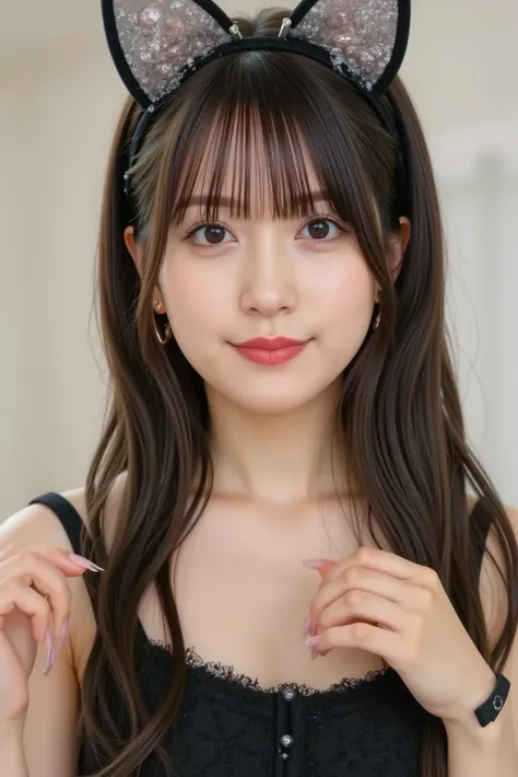 (Night in the City、 highest quality、 Masterpiece、 high resolution))、((( zoom photo of upper body、 wet body、 wet hair)))、( has a smiling face in the water:1.2)、  woman 、 beautiful skin、 beautiful eyes、 big breasts、 cat ear headband、 black dress、  black hair...