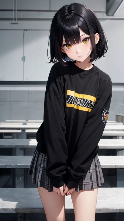   high resolution,   boyish,    in the seat,  black hair, Sporty shortcuts,   Asymmetric Hairstyle ,  Asymmetrical bangs,   yellow eyes, Round and round eyes, Eyes with three circles,  Skater Style Street Fashion, slightly oversized bottoms,  are standing,...