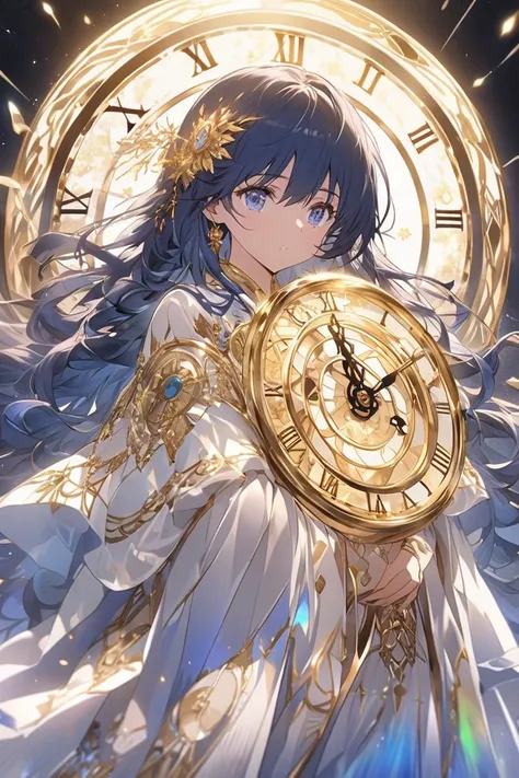 An anime-style illustration of the female embodiment of time. She has long, flowing midnight blue hair that resembles the hands of a clock, with strands subtly forming Roman numerals. Her eyes glow with an ethereal golden light, resembling hourglasses fill...