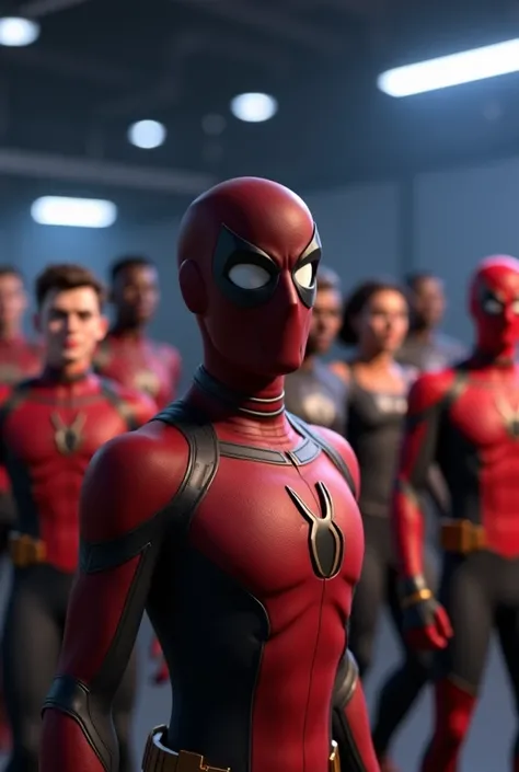 Create an image of a black-skinned superhero ,  taking a photo in a movie recording studio , nor the mask , Disney Pixar 3d format,  and next to him some characters also from the same Disney Pixar format, Whites and blacks passing by.