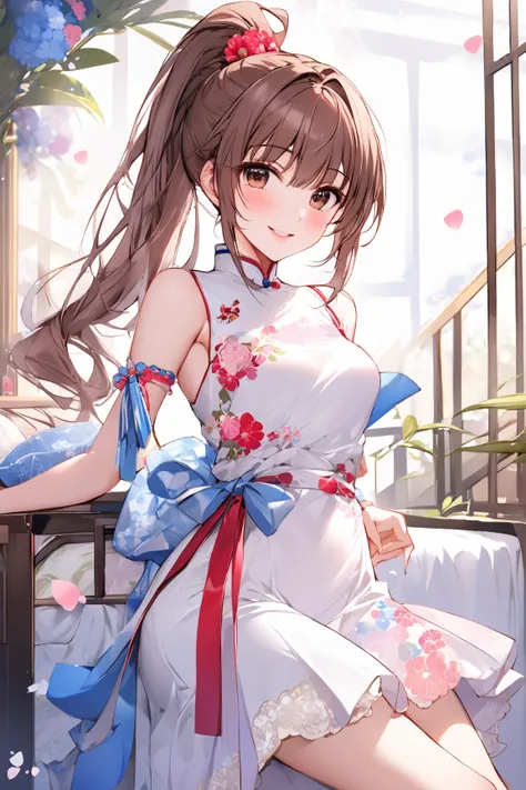 {{{ Masterpiece}}}, {{{ highest quality}}}, {{ super detailed}}, { illustration}, {{ very delicate and beautiful }}  highest quality Mikoto Misaka Ponytail hair brown hair hair,Flower's Seductive Smile Absurdres , Masterpiece, highest quality,Great Quality...