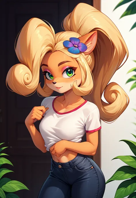 Coco Bandicoot, orange fur, blonde hair, green eye, ponytail, long hair. Boobs. Sexy