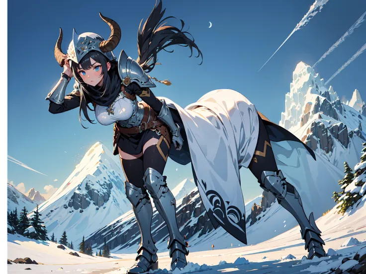 (((masterpiece, best quality, high detailed, 16k))) (1girl) A stern and determined female warrior with short, raven-black hair and ice-blue eyes. Her armor is made of solid, gleaming steel, adorned with mountain motifs and goat horns on her helmet. She wie...