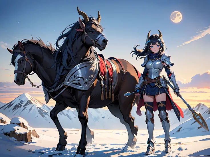 (((masterpiece, best quality, high detailed, 16k))) (1girl) A stern and determined female warrior with short, raven-black hair and ice-blue eyes. Her armor is made of solid, gleaming steel, adorned with mountain motifs and goat horns on her helmet. She wie...