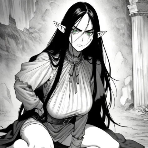  An elf with long black hair ,   pointy ears ,   big green eyes  ,  Thin Lips,  round face, handcuffs on the neck,  big boobs,  wearing old clothes ,  kneeling elf , sad look,  chained in a dungeon of an enclosed castle, dramatic scene , Elf slave .dutch a...