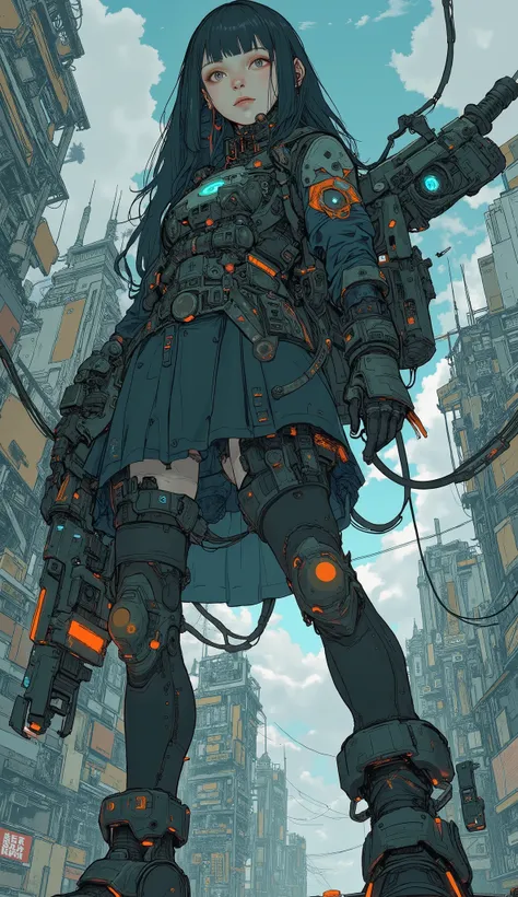 Anime characters with big robot-like bodies and big guns,  concept art ： Krenz Kshart , Trending on Pixiv,  what is it ？, Female Mecha, Anime Mecha Aesthetics , Organic to the anime robot , cyberpunk anime  girl mech,  girl in mecha cyber armor, mechanized...