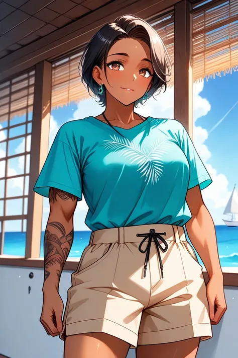 1woman, mature, dark skin, tanned, muscular, short hair, tropical t-shirt, khaki shorts, Polynesian tattoos, sailboat background