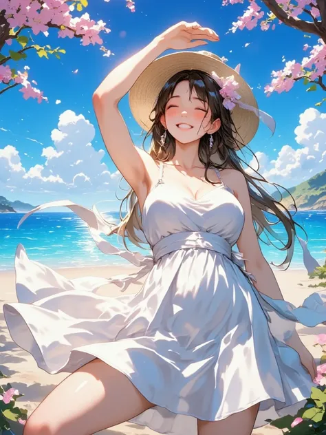 Hold your right hand to the sun and smile while closing your eyes dazzlingly, white camisole dress, straw hat, blue sky, White Clouds ,Blue Sea, sandy beach