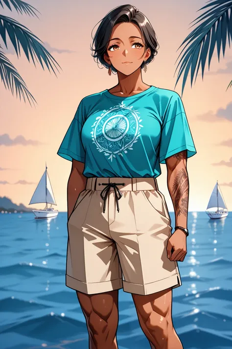 1woman, mature, dark skin, tanned, muscular, short hair, tropical t-shirt, khaki shorts, Polynesian tattoos, sailboat background