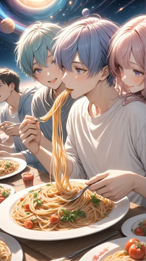 Couple of men and women eating 1 plate of pasta, love, love, sweet space, good friends, sweet space, pastel shades, gentle colors 