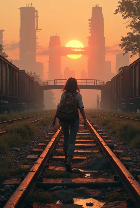 Image of a railroad with 3 sinuous and deteriorated train tracks to the horizon with freight cars from the 1980s quite rusty and abandoned on the left rail and another on the right rail ,  there is a surviving 20-year-old girl with a backpack on her back a...