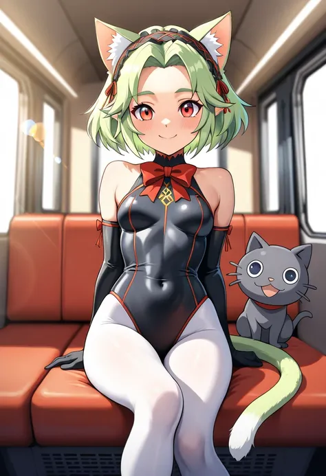 AG Meko , neko, Alone,  cat ears, fringe,  bare shoulders , blush, link, tail de gato, Double, black elbow gloves,  eyebrows visible through the hair ,  light green hair ,  various toons ,  hair ornament,  capable, , collant branco,  looking at the spectat...