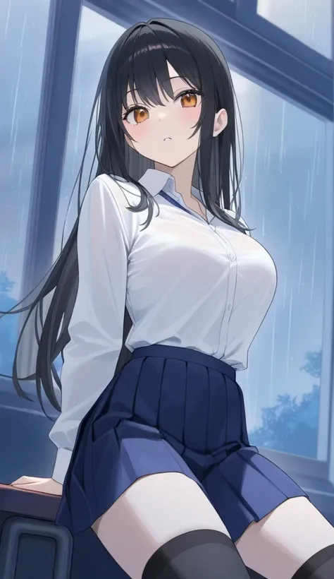 Alone,( Masterpiece,  highest quality:1.2)、rain、 looking out the window、 high school girl、Dress shirt on top、The bottom is a navy blue pleated skirt、Neat black hair、Amber Eyes、 long hair、 Black Knee High Socks、(Multiple comic-like comics)、( highest quality...