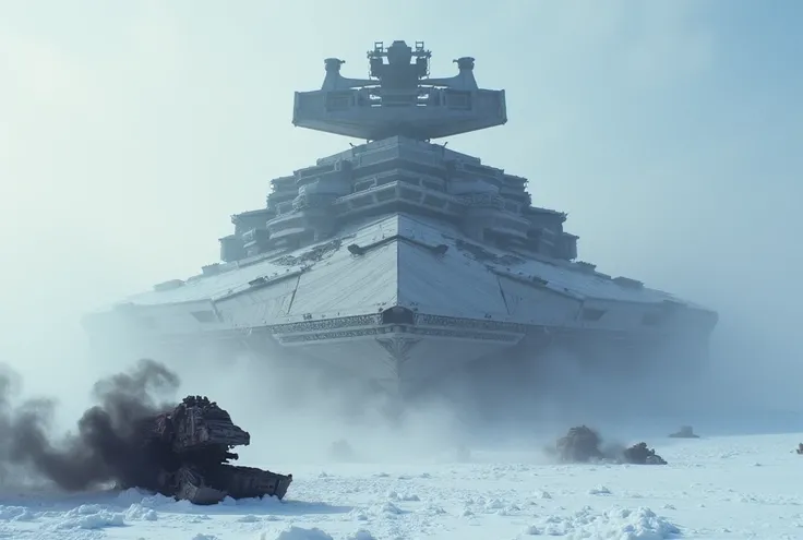 Star destroyer flying over the battle ground of hoth in (Star Wars empire strikes back) the smoking remains of a downed ATAT beneath on the ground. 