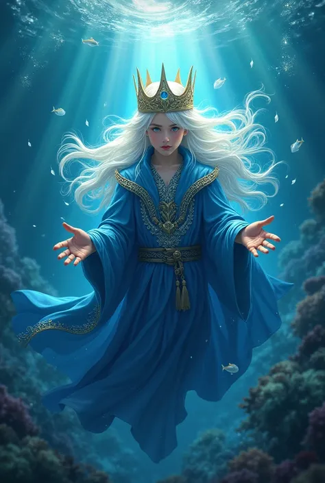 An image of a boy who is a witch in the ocean and whose symbol is the ocean, wearing blue clothes with a crown and no beard and with long white hair.