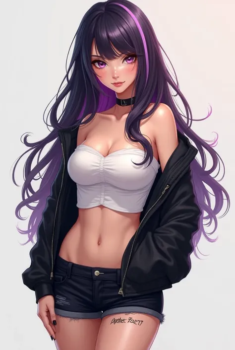 Long dark and light shades of purple hair split into two on the back of her hair, goes down to her midback in length. Usually wears revealing clothing but always has a black jacket on that's never zipped up. White strapless tight croptop and a pair of blac...