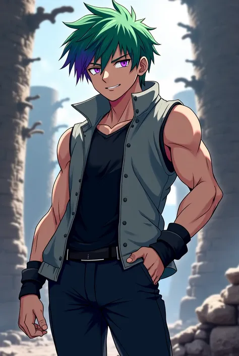  Anime boy, Medieval style,  Green hair with purple tips,short hair on the sides and longer on the top, violet eyes ,  sleeveless gray jacket  ,  muscular ,  black pants ,  Black Shirt,without gloves