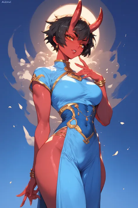 Woman, red skin, horns, queen's clothes, blue clothes,zakusi,Short hair, orange eyes, black hair 