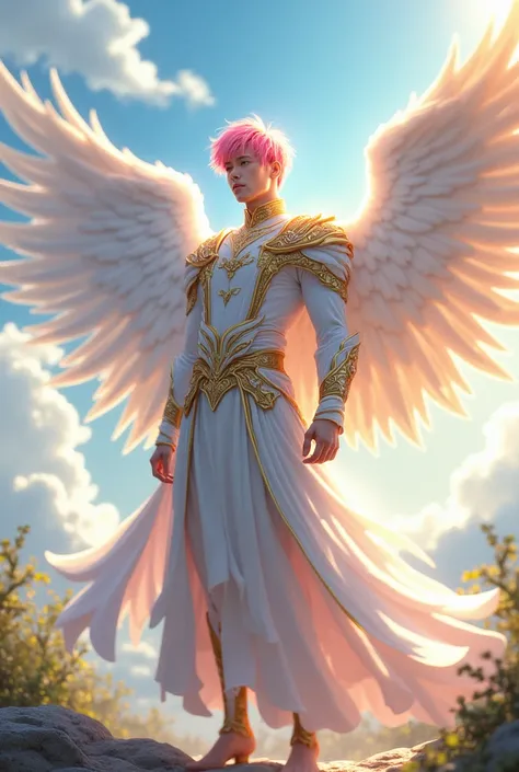 anime Male Angel with short pink hair, dressed in a white and gold godly outfit, full body, tall, outside, sunny day,  