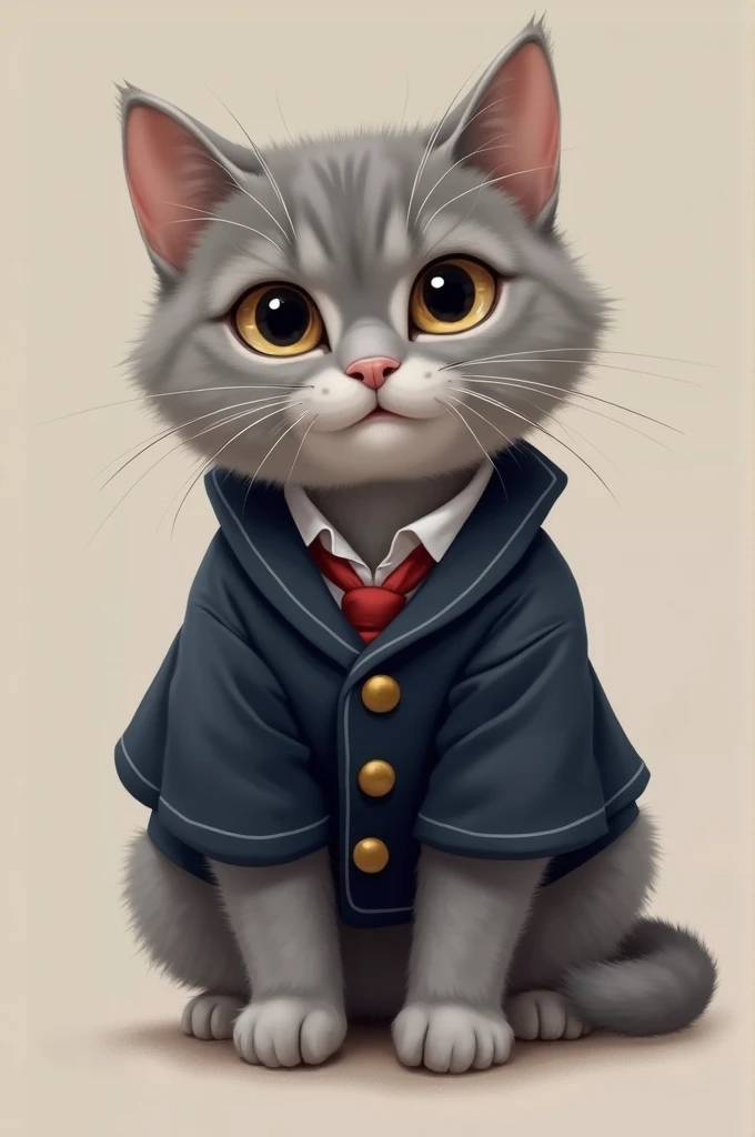 "A cute gray cat wearing a Japanese school uniform (gakuran). The cat has soft fur and big, expressive eyes. The gakuran is dark, with gold buttons and a standing collar, fitting snugly on the cat. The background is simple and neutral, making the cat the f...