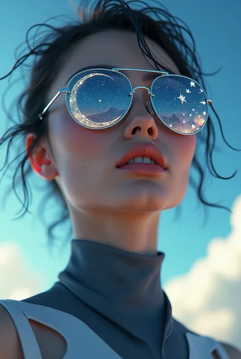 The model is wearing glass sunglasses with stars and the moon on the glass