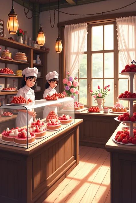 Image of a pastry shop filled with strawberry cakes and candies