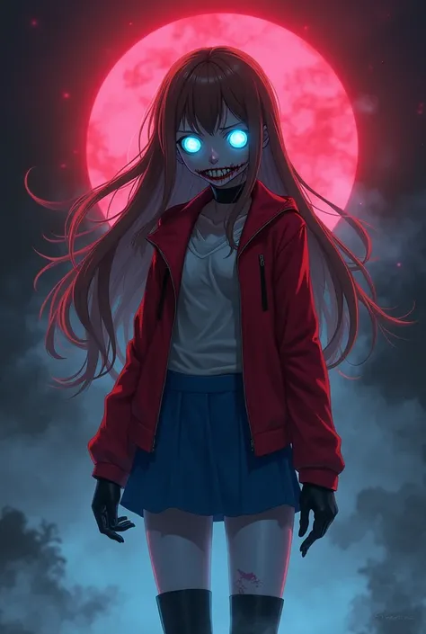 1 girl zombie , long brown hair , infected. zombie eyes blue neon eyes, anime.  red jacket ,short blue skirt,black boots, black gloves , red halo on the head, Spectre effect .