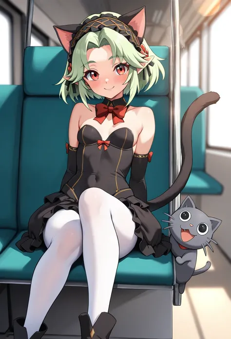 AG Meko , neko, Alone,  cat ears, fringe,  bare shoulders , blush, link, tail de gato, Double, black elbow gloves,  eyebrows visible through the hair ,  light green hair ,  various toons ,  hair ornament,  capable, , collant branco,  looking at the spectat...