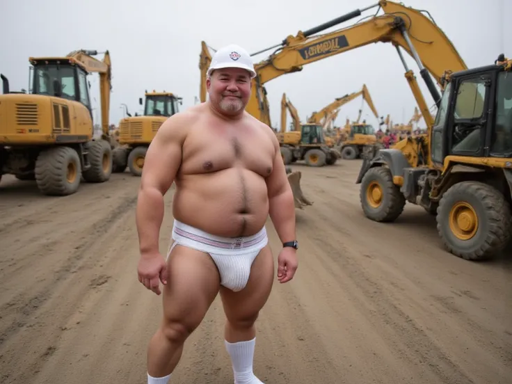  fat man、50 years old、Fat、fat、 Japanese、 Asian、 white socks、Safety boots、naked、Glasses、 jockstrap、Nipples、Body hair、 Work Site、 safety helmet、Excavator、 super detailed、 anatomically correct、smile