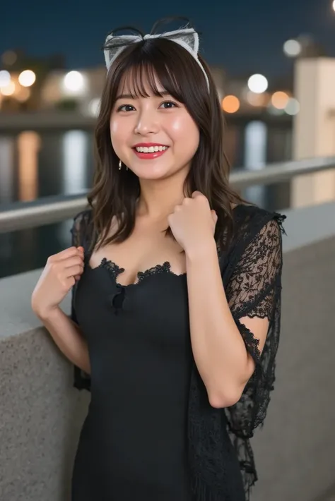 (Night in the City、 highest quality、 Masterpiece、 high resolution))、((( zoom photo of upper body、 wet body、 wet hair)))、( has a smiling face in the water:1.2)、  woman 、 beautiful skin、 beautiful eyes、 big breasts、 cat ear headband、 black dress、  black hair...