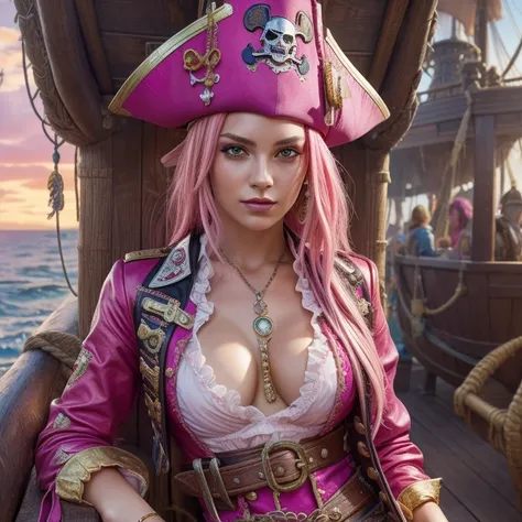  the best quality), ( high detail), (  bright colors  ), (1 girl), A beautiful pirate captain dressed in pink, pirate hat with details, WELL DEFINED FACE,  pink hair, suggestive pose, blouse,HDR-10, 4k, 3D, Epic background next to Great Pirate Treasure.