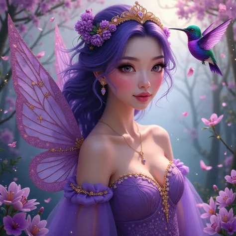 shiny oil paint, oil painting style, realistic oil painting Midjourney Art 
a beautiful fairy asiatic woman with a striking look
in a flowery forest with purple flowers
iris of the eyes with a shiny reflection
with voluminous and flowing hair with
golden s...