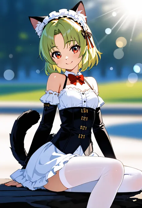 AG Meko , Alone,  cat ears, fringe,  bare shoulders , blush, link, tail de gato, Double, black elbow gloves,  eyebrows visible through the hair ,  light green hair ,  various toons ,  hair ornament,  capable, , collant branco,  looking at the spectator, me...