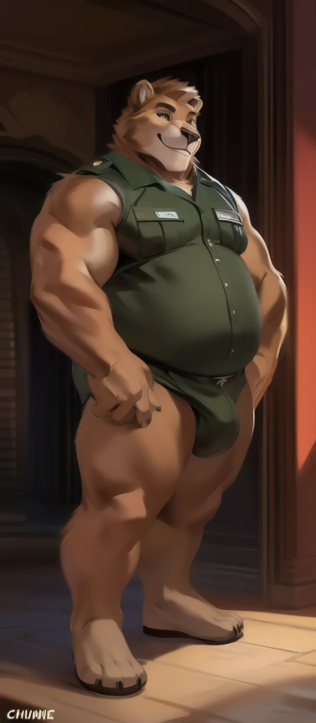  alone, Male tall ,model,  big body,Standing , Den,bear ,Holding a fursuit lion costume black green military uniform, Overweight ,  Muscle ,  smiley , by chunie 