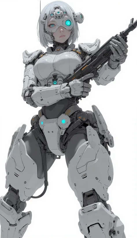 Close-up of a robot with a gun on a white background,  concept art ： Krenz Kshart , Trending on Pixiv, Neoism, female Mecha, modern Mecha anime, ferra white Mecha, anime Mecha aesthetic, cool Mecha style, # Mecha, Organic to the anime robot , white Mecha, ...