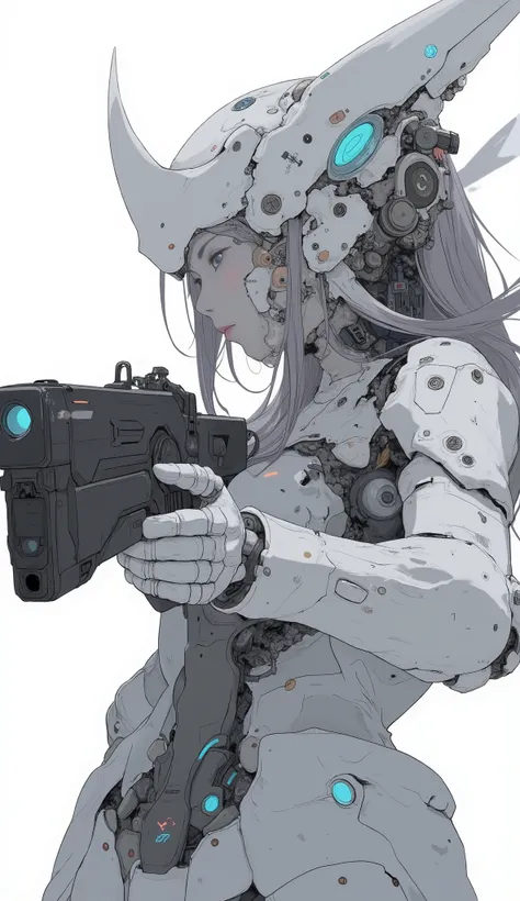 Close-up of a robot with a gun on a white background,  concept art ： Krenz Kshart , Trending on Pixiv, Neoism, female Mecha, modern Mecha anime, ferra white Mecha, anime Mecha aesthetic, cool Mecha style, # Mecha, Organic to the anime robot , white Mecha, ...