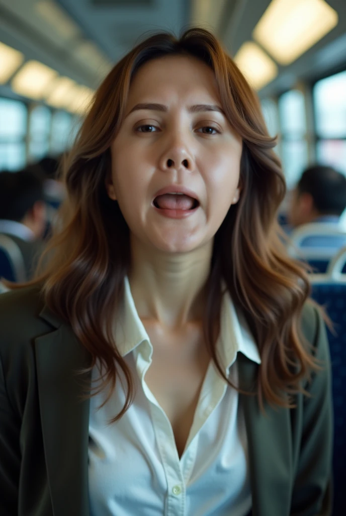  beautiful brown-haired woman , Commuter trains in Japan,Crowded car interior, A white shirt with a wide chest over a jacket , (( head back break screaming orgasm leaning on playground equipment)) ,  sharp focus with eyes closed  , (   8k Ultra HD   :0.8),...